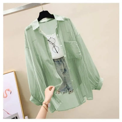 Image of Summer Sunscreen Shirt Elegant Perspective Thin Chiffon Blouse Korean 515255978 from Edmene LLC