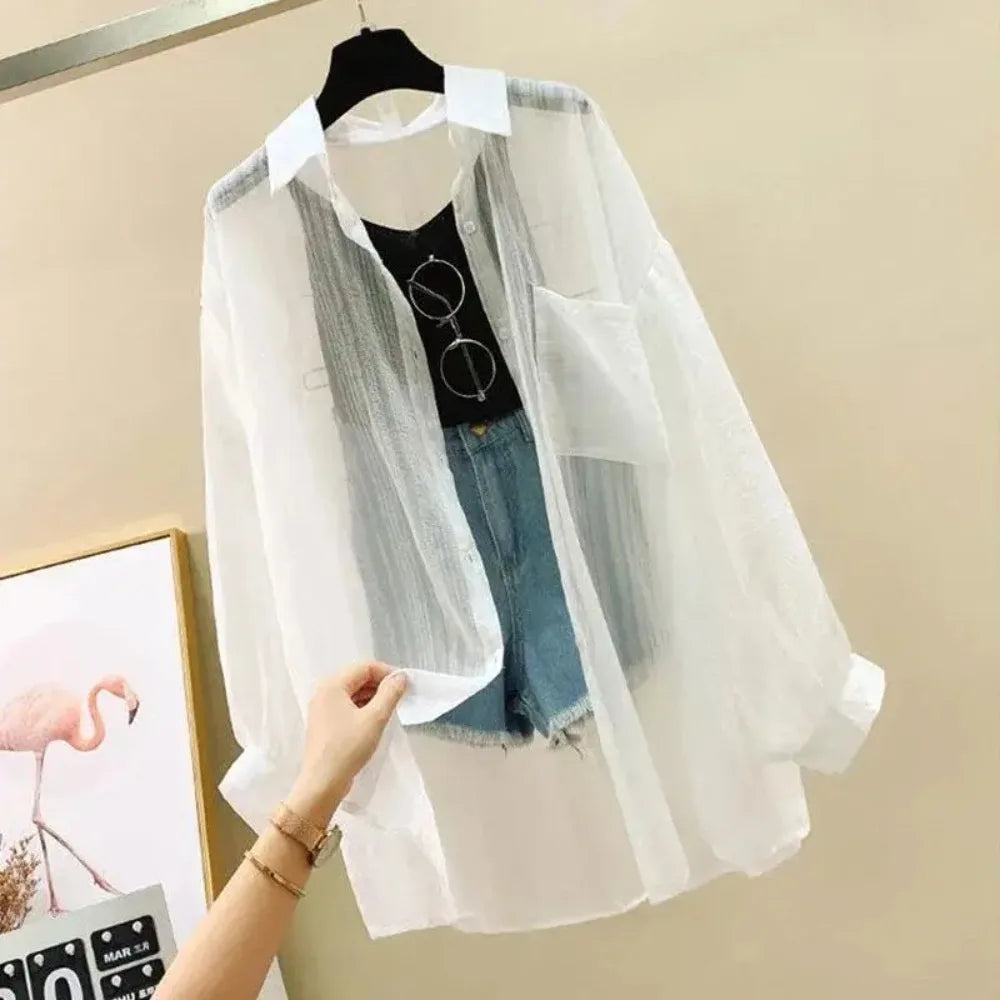 Image of Summer Sunscreen Shirt Elegant Perspective Thin Chiffon Blouse Korean 515255978 from Edmene LLC