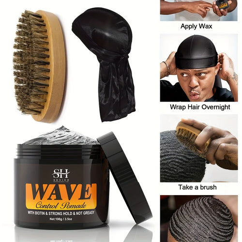 100g Waves Control Pomade Set 360 Wavy Hair Oil With Brush Natural