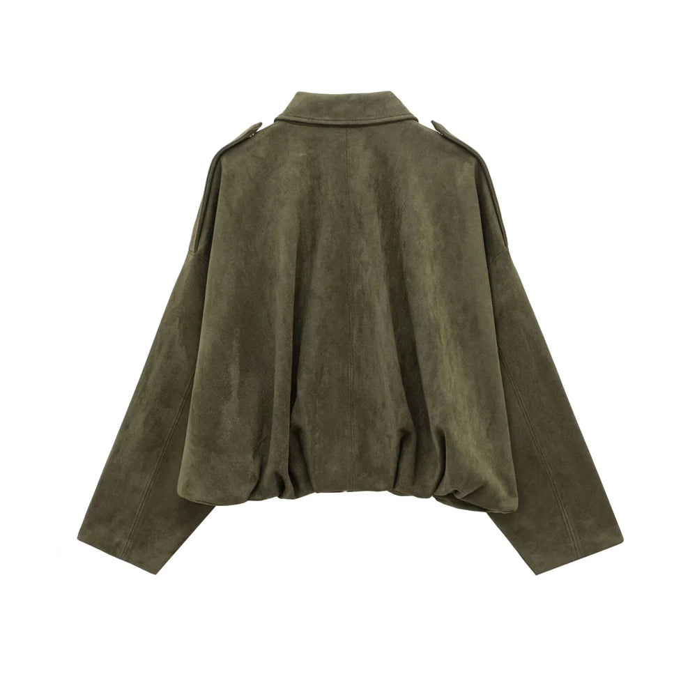 Image of Pb Za 2025 Women Faux Suede Collared Jacket With Shoulder Straps Loose 154277866 from Edmene LLC