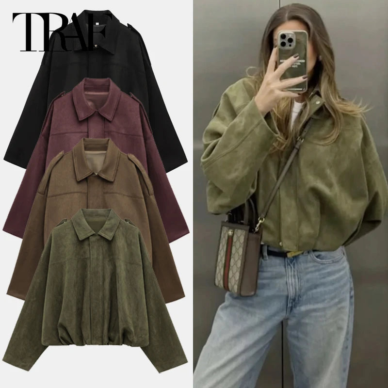 Image of TRAF Women's Bomber Jacket Lapel Long Sleeve Zipper Suede... from Edmene LLC
