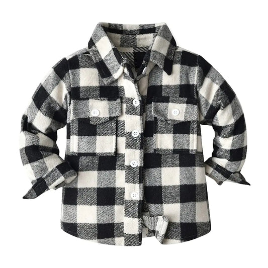 OBEEII Toddler Boys Girls Plaid Flannel Shirts Jacket Long Sleeve Lapel Button Down Shirts Coats Shacket Back to School Christmas Birthday Photoshoot Fall Winter Outerwear for Kids Black 12-18 Months