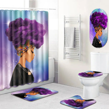 African Woman Bathroom Set with Shower Curtain and Mats