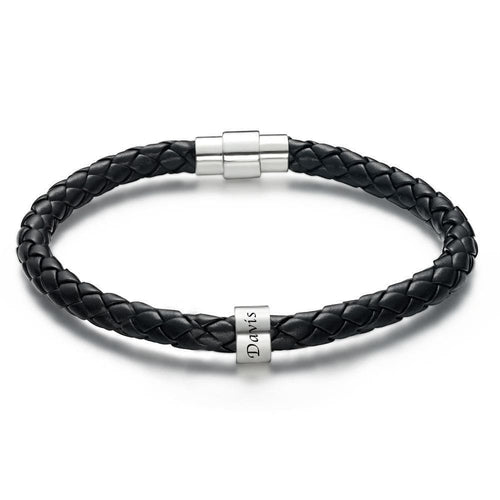 Men's Leather Bracelet Custom Engraved Bracelet Black Leather Beads
