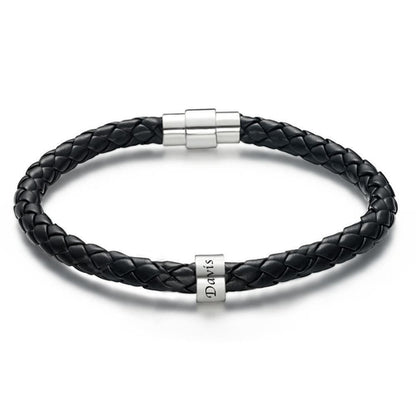 Men's Leather Bracelet Custom Engraved Bracelet Black Leather Beads