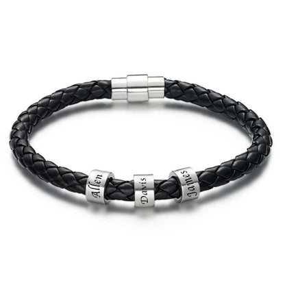 Men's Leather Bracelet Custom Engraved Bracelet Black Leather Beads