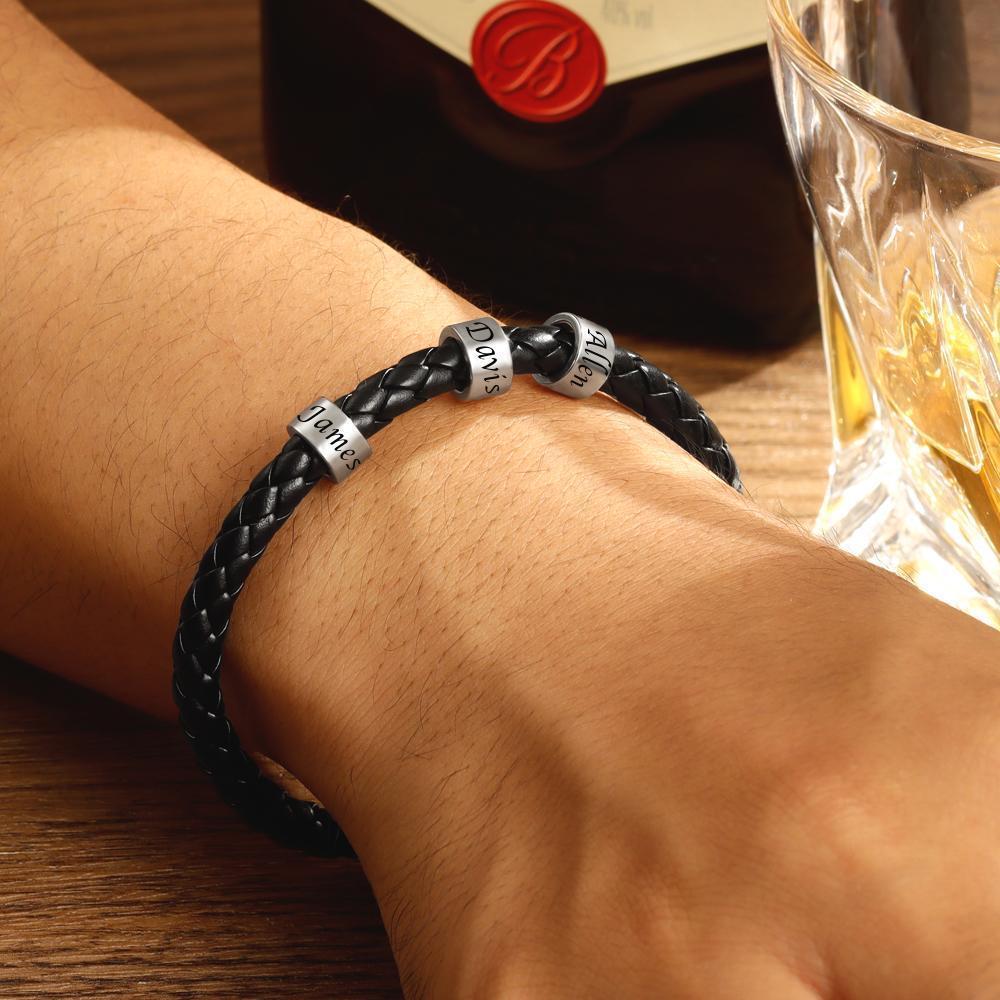 Men's Leather Bracelet Custom Engraved Bracelet Black Leather Beads