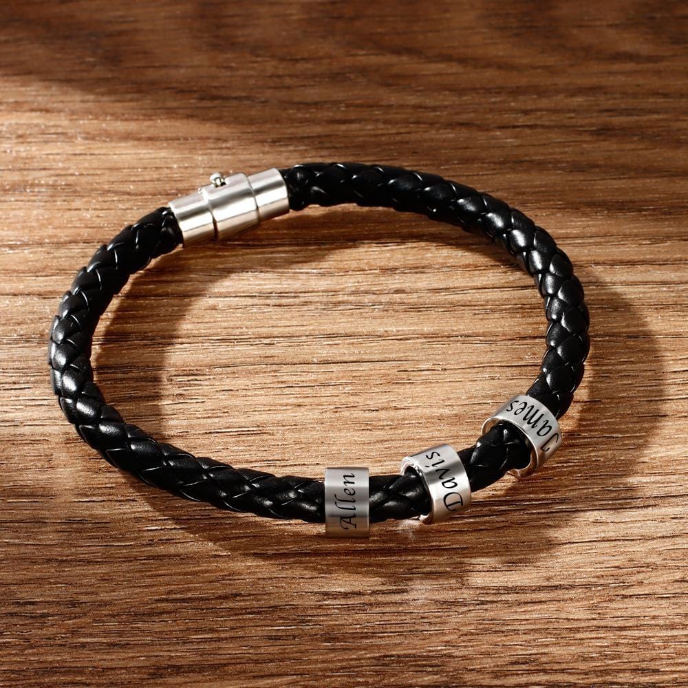 Men's Leather Bracelet Custom Engraved Bracelet Black Leather Beads