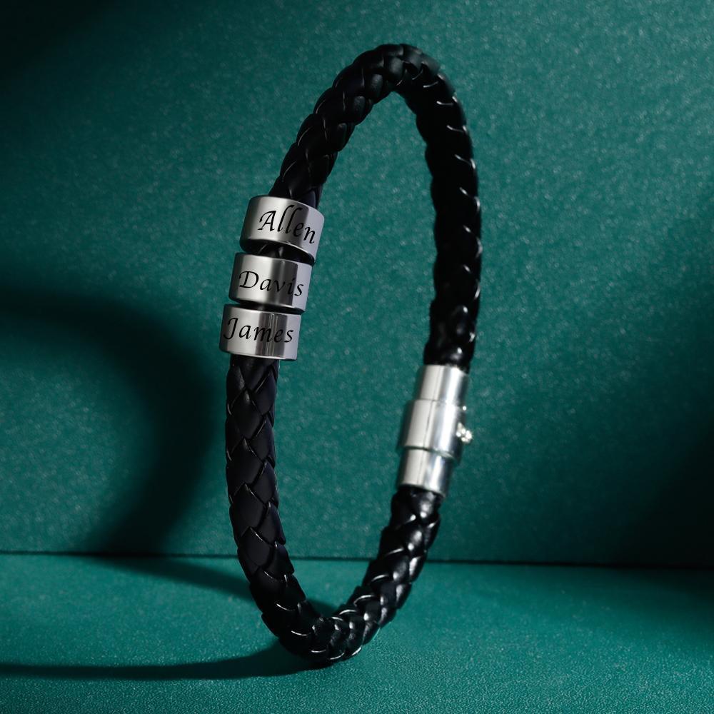 Men's Leather Bracelet Custom Engraved Bracelet Black Leather Beads