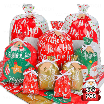 38pcs Christmas Gift Bags with Ribbon Ties Christmas Bags for Gifts Assorted Sizes Small/Medium/Large Christmas Gift Bags Holiday Christmas Wrapping Paper Reusable Plastic Santa Bag Wrapping Bags