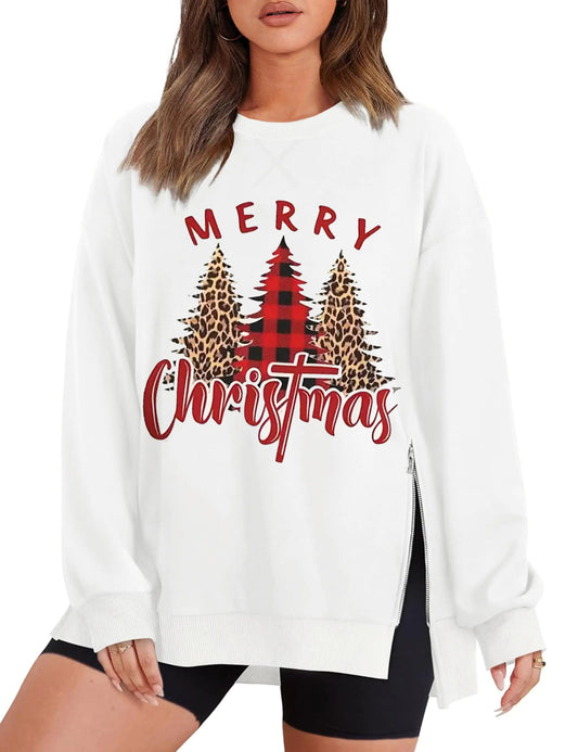 Christmas Sweatshirts For WomenCrew Neck Casual Black Slit Long Sleeve Christmas Tree Pattern Merry Christmas Shirt For Women Christmas Outfits For Women 2024 Tops