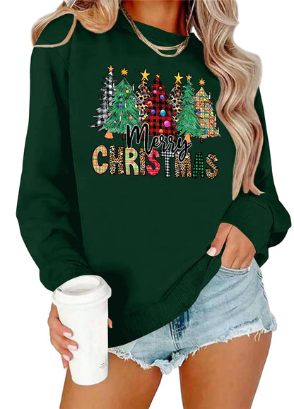 NEWWEN Christmas Sweatshirts for Women Merry Christmas Sweatshirt Funny Christmas Trees Graphic Pullover Holiday Party Tops(Green2 Large)