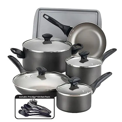 Farberware Dishwasher Safe Nonstick Cookware Pots and Pans Set 15 Piece Pewter