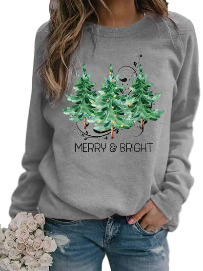 Merry and Bright Christmas Sweatshirt Women Cute Christmas Graphic Hoodie Merry Bright Christmas Tree Print Sweatshirts Gray