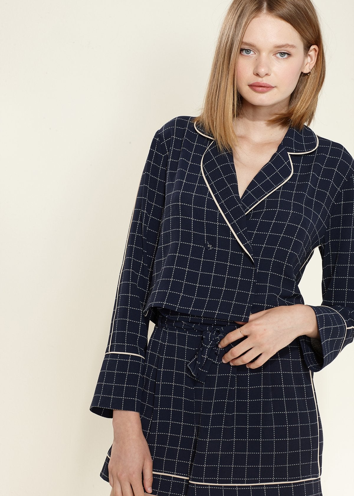 Image of Women's Grid Print High Shorts in Navy Plaid from Edmene LLC