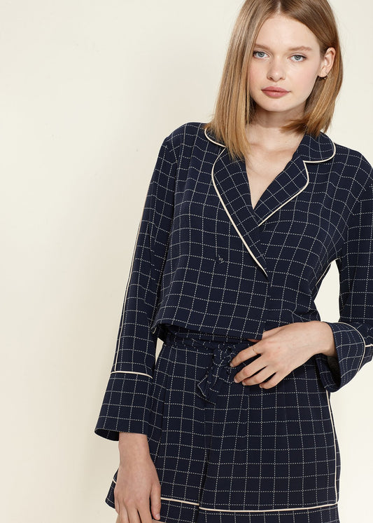 Image of Women's Grid Print High Shorts in Navy Plaid from Edmene LLC