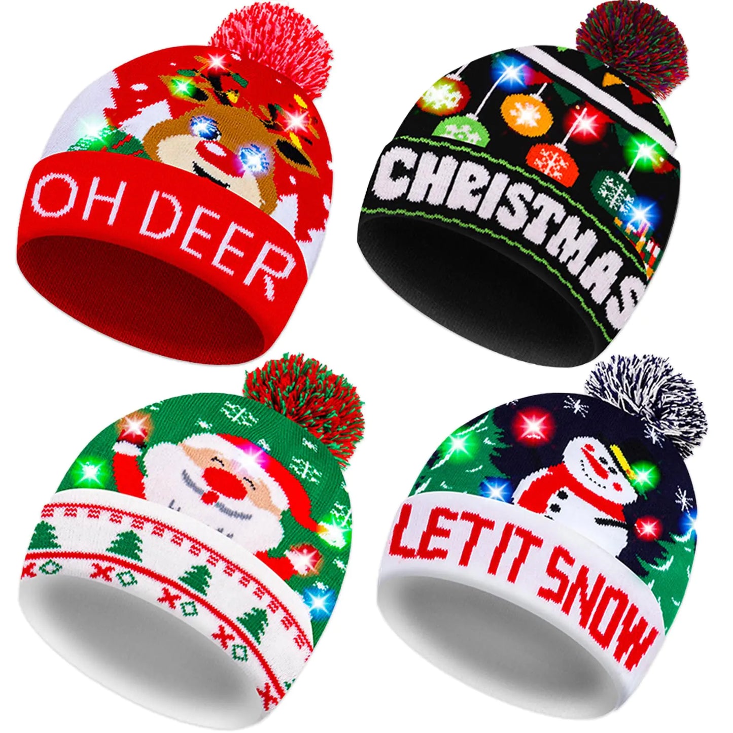 Garma 4 Pack LED Christmas Hat Christmas Light Up Beanie Hats Ugly Sweater Knit Hats for Christmas Party Unisex Winter Hat Colorful Flashing Cap Holiday Xmas Christmas Party Supplies