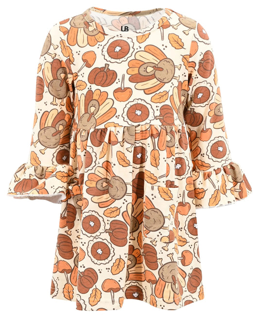 Unique Baby Girls Long Sleeve Ruffled Dresses for Toddlers and Kids 7 Years Thanksgiving Turkey Pie