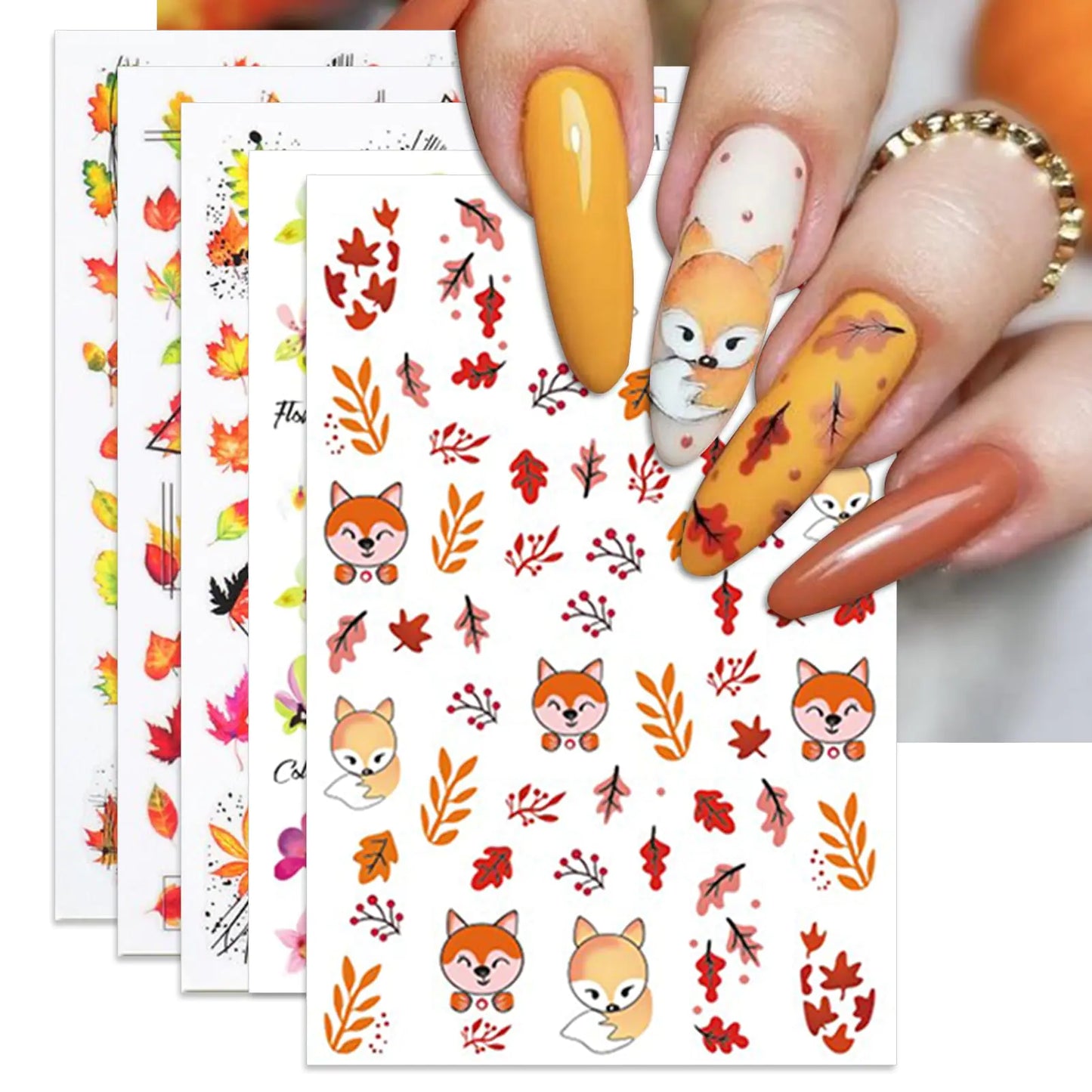 IDDFEVE Thanksgiving Day Nail Art Stickers Fall Nail Decals 3D Self-Adhesive Maple for DIY Nail Supplies Decoration(5 Sheets)