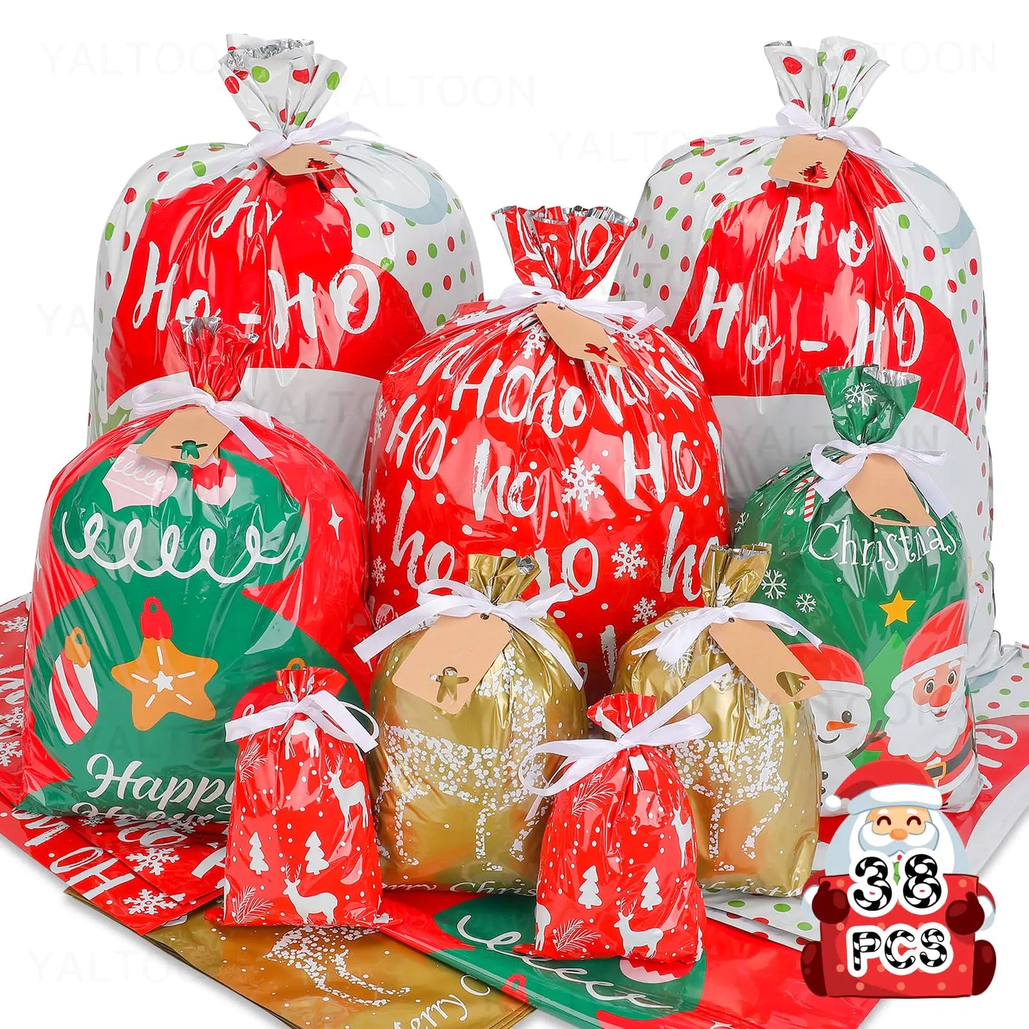38pcs Christmas Gift Bags with Ribbon Ties Christmas Bags for Gifts Assorted Sizes Small/Medium/Large Christmas Gift Bags Holiday Christmas Wrapping Paper Reusable Plastic Santa Bag Wrapping Bags