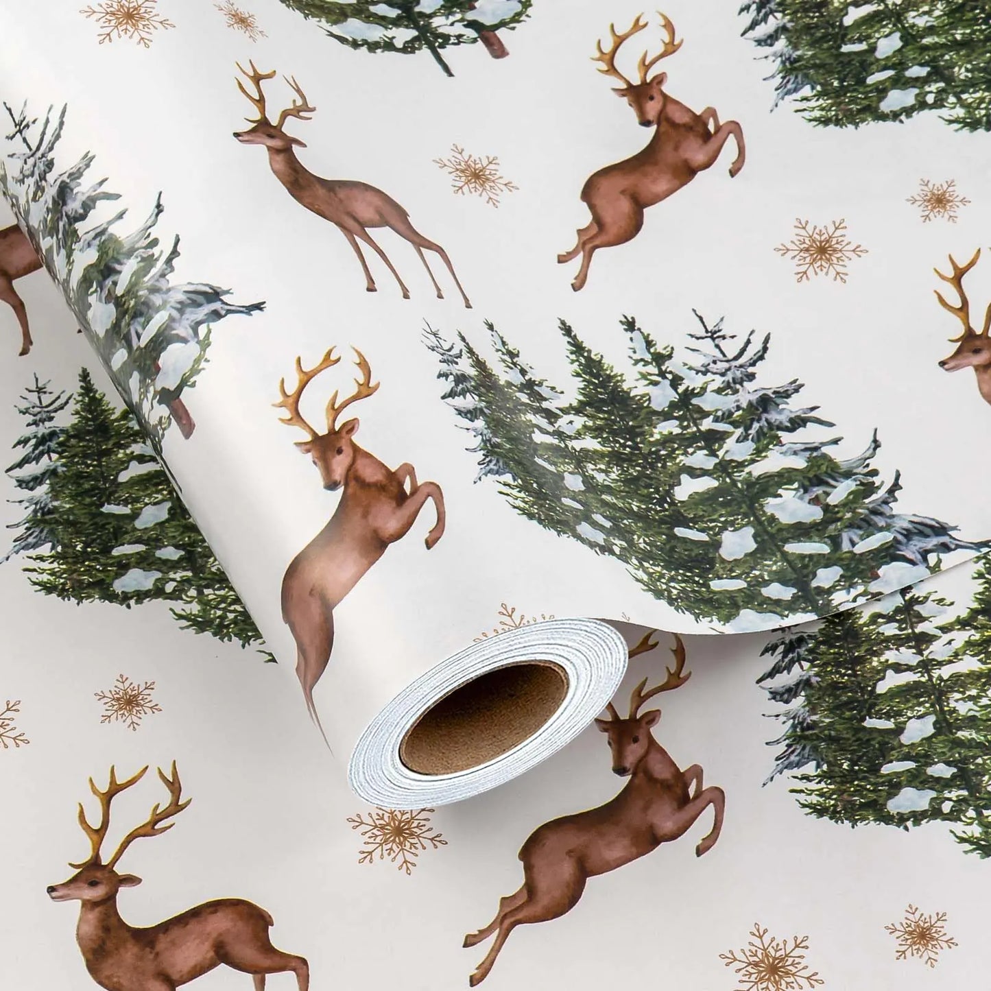 Merture Christmas Wrapping Paper Roll - 17 In X 32.8 Ft (46.5 sqft.) Christmas Gift Wrap with Watercolor Reindeer & Christmas Tree Design for Christmas New Year Celebration