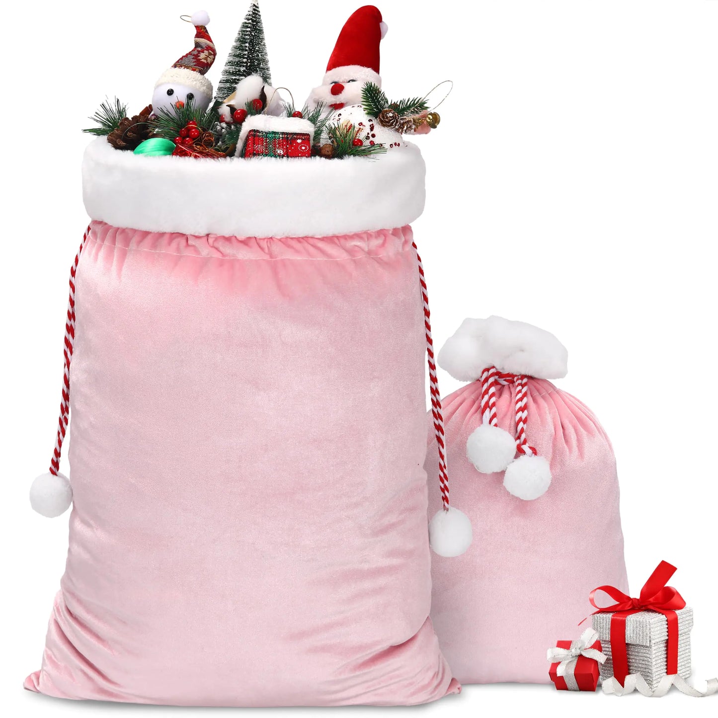 wonshia 2Pcs Christmas Velvet Santa Sack Large Christmas Santa Pink Velvet Bag with Drawstring Gift Wrap Bags Christmas Party Xmas Present Sack