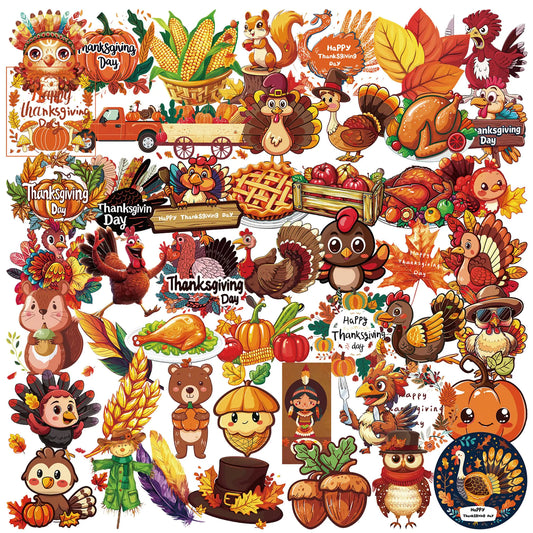 Dorgua 50Pcs PET Thanksgiving Stickers Transparent Fall Stickers Turkey Maple Leaf Pumpkin Stickers Waterproof Stickers for Water Bottle Laptop Scrapbook Decor Thanksgiving Party Favors