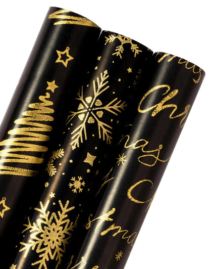 WRAPAHOLIC Foil Black Gold Christmas Wrapping Paper Roll - Mini Roll - 3 Rolls - 17 Inch x 120 Inch Per roll - Snowflake Christmas Tree Merry Christmas Design for Christmas Holiday Party