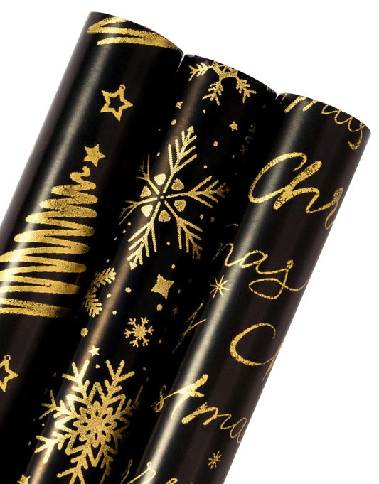 WRAPAHOLIC Foil Black Gold Christmas Wrapping Paper Roll - Mini Roll - 3 Rolls - 17 Inch x 120 Inch Per roll - Snowflake Christmas Tree Merry Christmas Design for Christmas Holiday Party