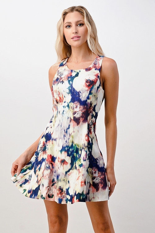 Image of Sleeveless A Line Dress With Watercolor Floral Print 567922870 from Edmene LLC