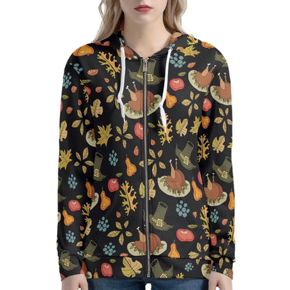 Buybai Womens Casual Zip up Hoodie Thanksgiving Sweatshirt Cute Turkey Maple Leaf Pattern Jacket Long Sleeve Hooded Tops with Pockets Plus Size L