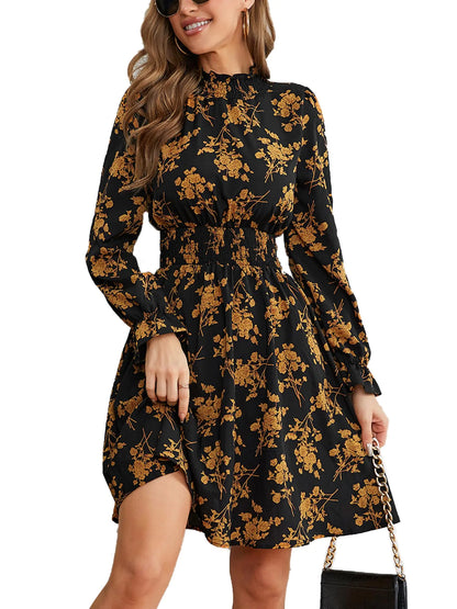 PHIXWORLD Women Fall Wedding Guest Party Dresses 2024 A Line High Neck Long Sleeve Smocked Thanksgiving Dress Caramel PH226-3-S