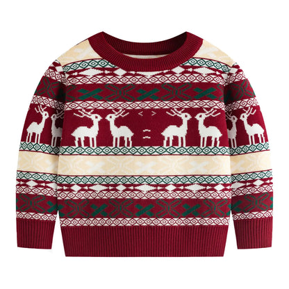 FROHETG Toddler Boys Girls Reindeer Cartoon Crew Neck Long Sleeve Tops Pullover Christmas Party Winter Warm SweatersXmas Burgundy-130
