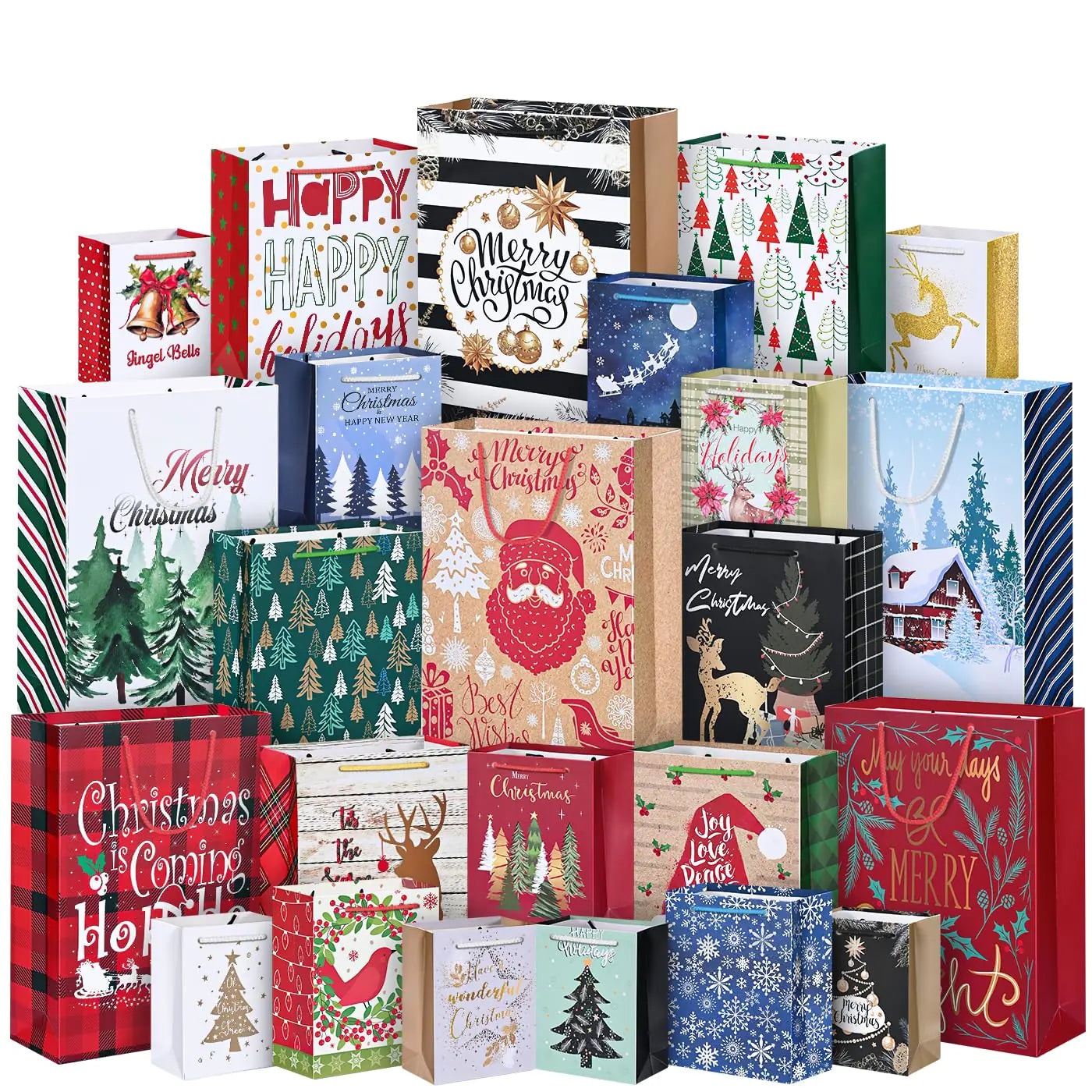 24Pack Christmas Gift Bags Assorted Sizes Christmas Bags for Gifts Bulk Christmas Paper Bags with Handle Holiday Gift Bags for Christmas Presents Xmas Party（6 Jumbo6 Large6 Medium6 Small）