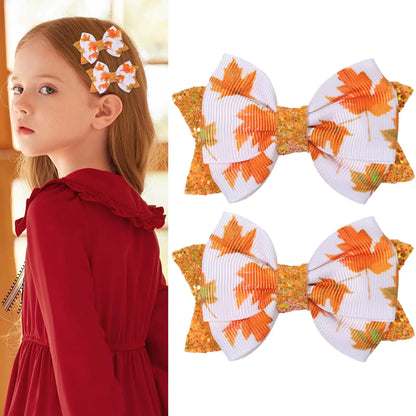 Xepeelo Thanksgiving Bow Hair Clips Maple Print Bow Clips Fall Maple Hair Bow Clips Sliver Glitter Bow Alligator Clip Design Cute Fall Leaf Hairgrips for Festival Party Hair Accessories (Maple)