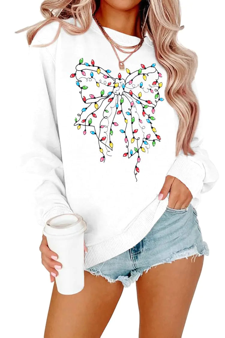 MOUSYA Christmas Lights Bow sweatshirt Retro Christmas Shirt Xmas Holiday Pullover Tops White