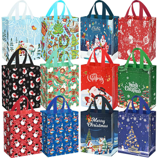 DECHISY 12Pack Small Christmas Gift Bags Non-woven Reusable Christmas Bags12 Different Style Christmas Tote Bags with Handles Holiday Gift Bags for Christmas Presents Kids Xmas Party Favors