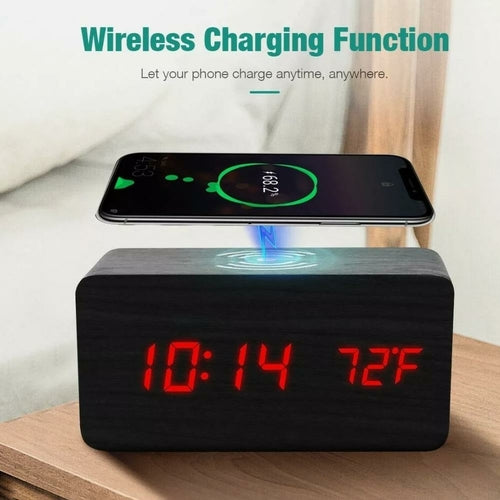 Image of Wooden Digital Alarm Clock With Wireless Phone Charging Pad 1512349312 from Edmene LLC