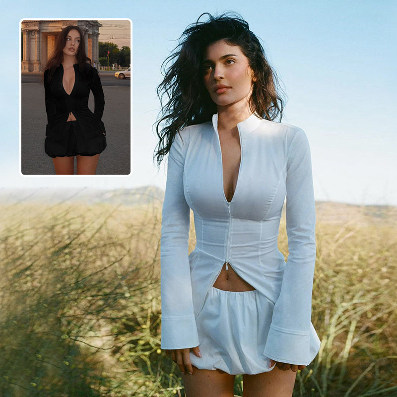Slim Suits V-neck ZIpper Long-sleeved Top And Mini Skirt Ins Fashion