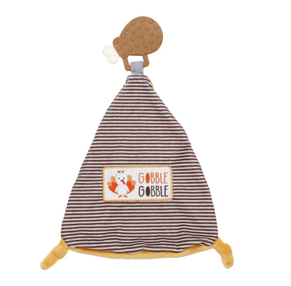 Thanksgiving 13 inch Teething Blanket Silicone Turkey Leg Teether with Soft Security Blanket for Baby (Brown Stripe Gobble Gobble)