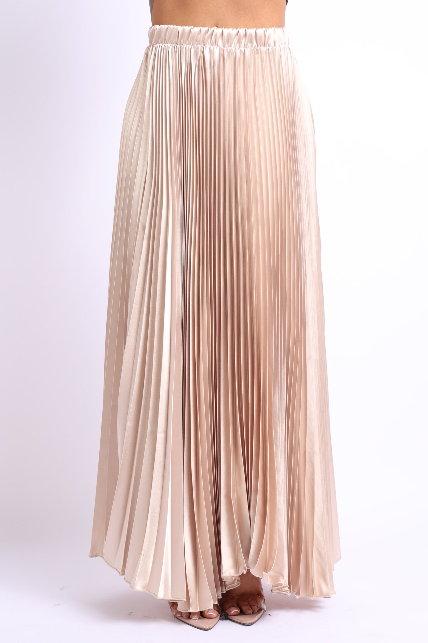 Image of Elastic High Waist A Line Pleated Satin Maxi Skirt Taupe 1623040582 from Edmene LLC