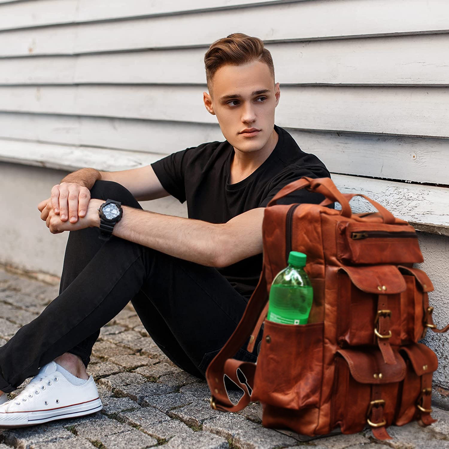 Image of Leather Backpack for Men 15.6 Inch Laptop Bag Multi Pocke... from Edmene LLC