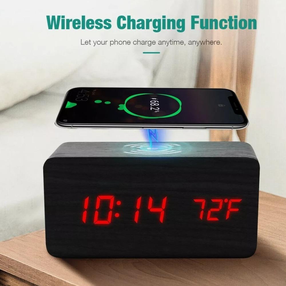 Image of Wooden Digital Alarm Clock with Wireless Phone Charging Pad from Edmene LLC