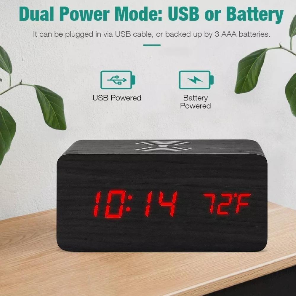 Image of Wooden Digital Alarm Clock With Wireless Phone Charging Pad 1512349312 from Edmene LLC
