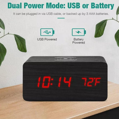 Image of Wooden Digital Alarm Clock With Wireless Phone Charging Pad 1512349312 from Edmene LLC