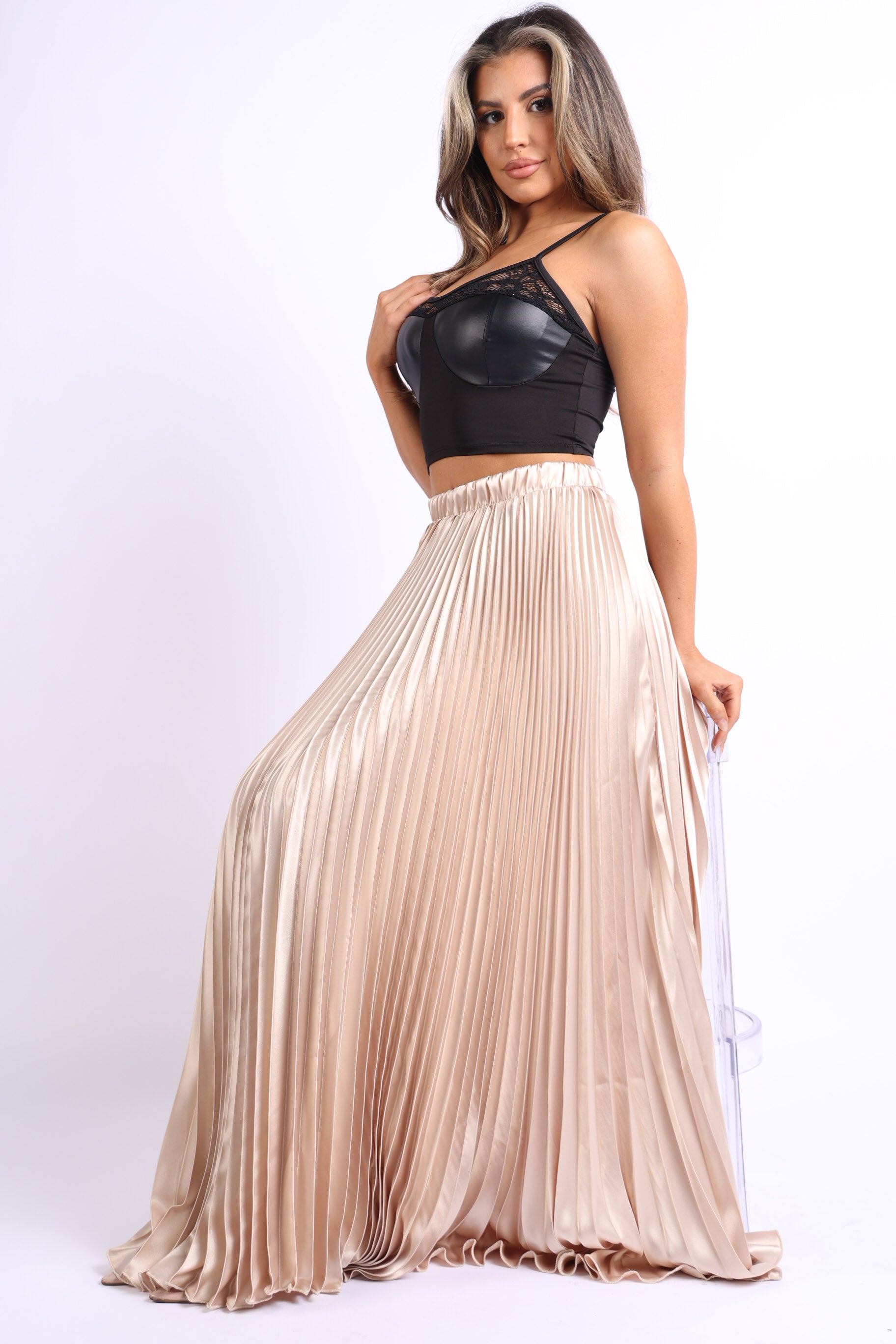 Image of Elastic High Waist A Line Pleated Satin Maxi Skirt Taupe 1623040582 from Edmene LLC
