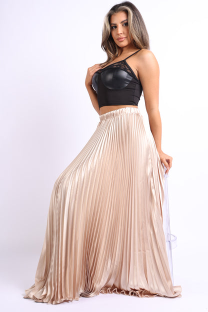 Image of Elastic High Waist A Line Pleated Satin Maxi Skirt Taupe 1623040582 from Edmene LLC