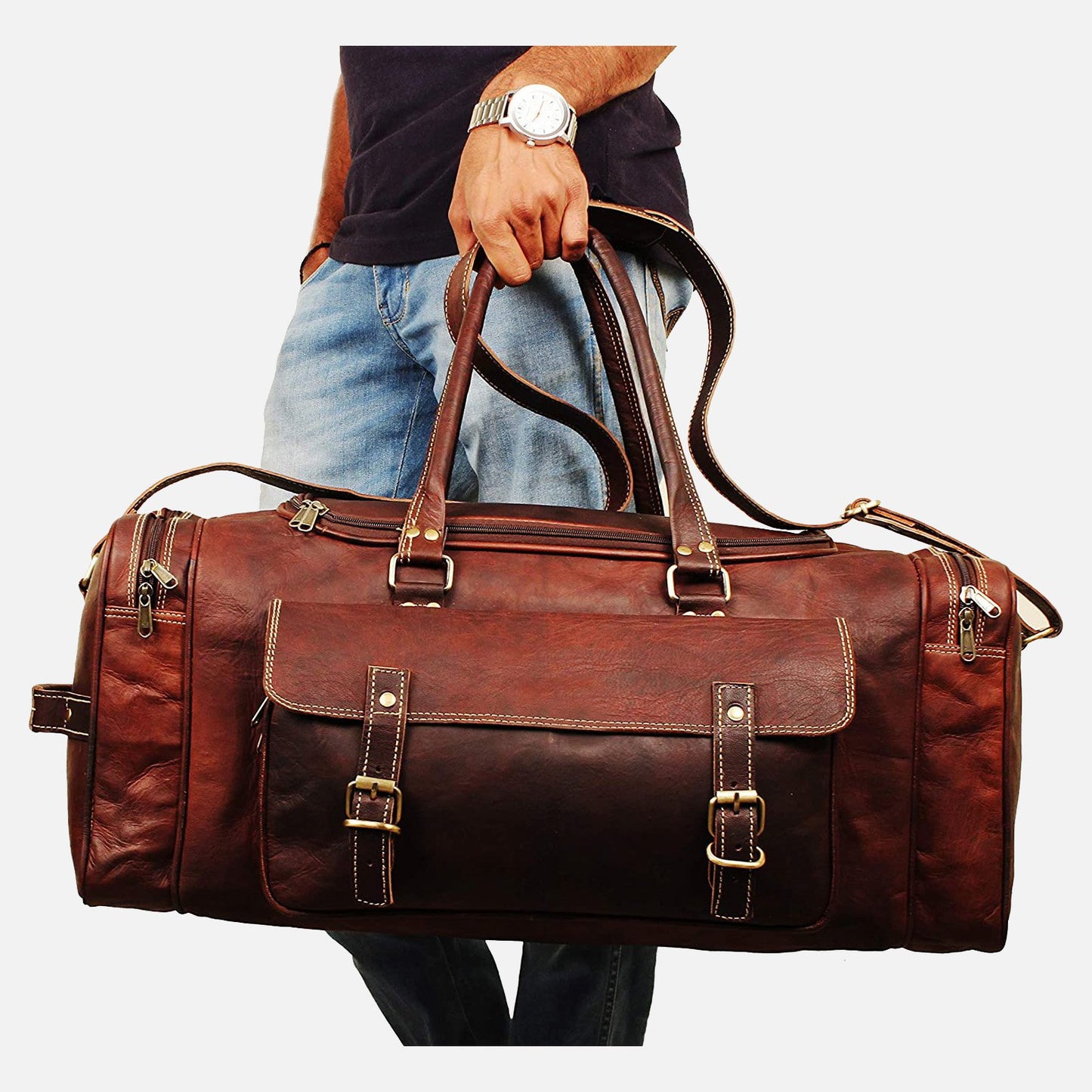 Men's Leather Weekend Travel Duffel Bag .