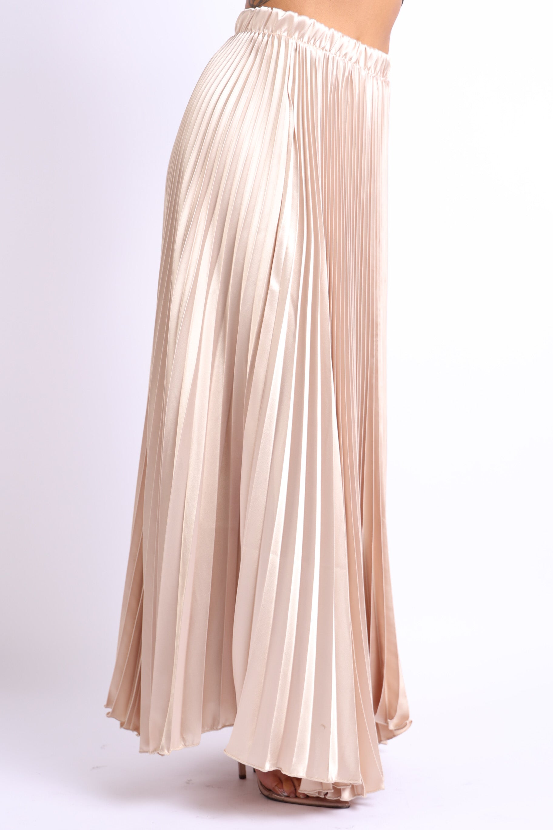 Image of Elastic High Waist A Line Pleated Satin Maxi Skirt Taupe 1623040582 from Edmene LLC