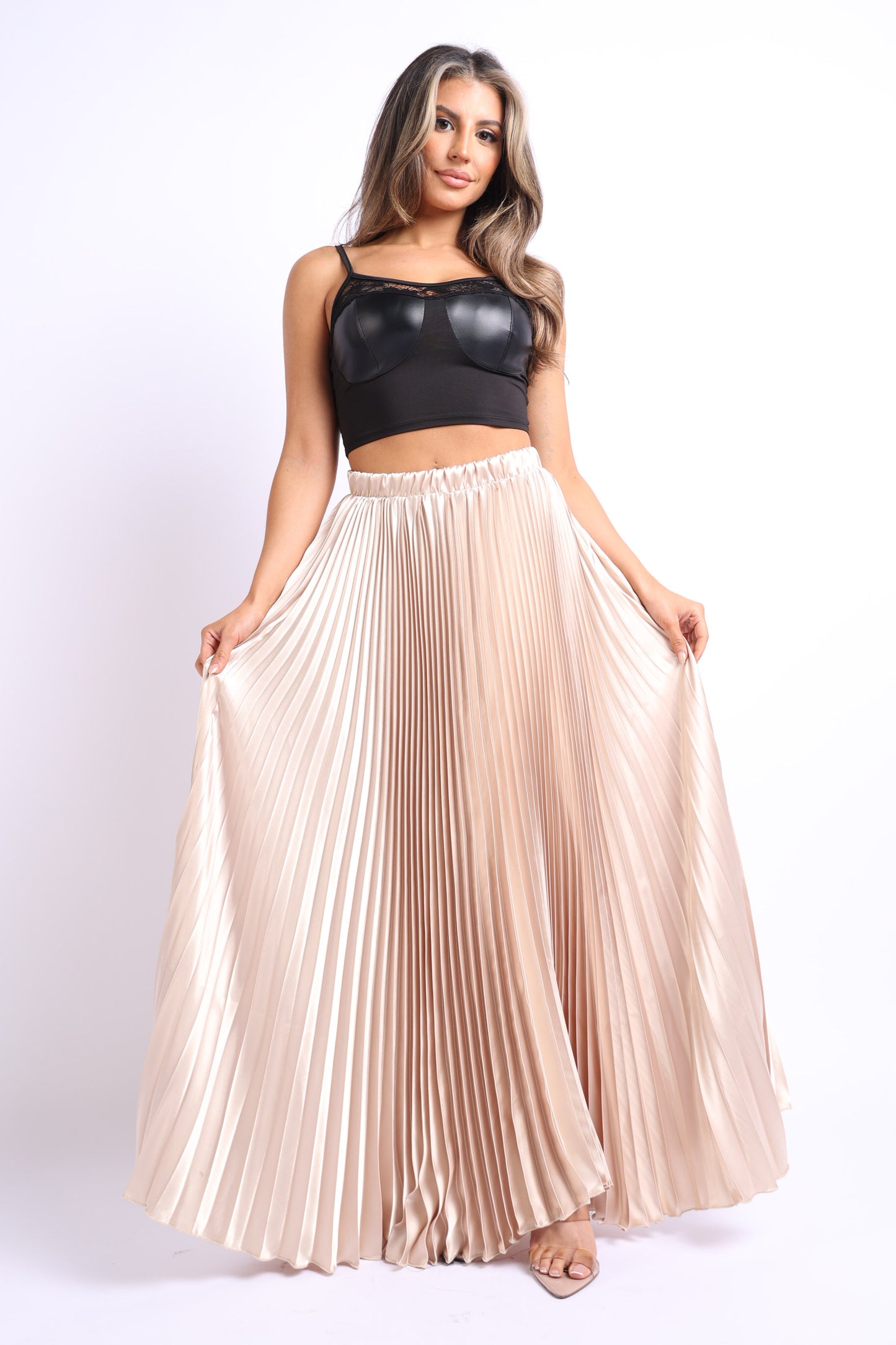 Image of Elastic High Waist A-Line Pleated Satin Maxi Skirt TAUPE from Edmene LLC